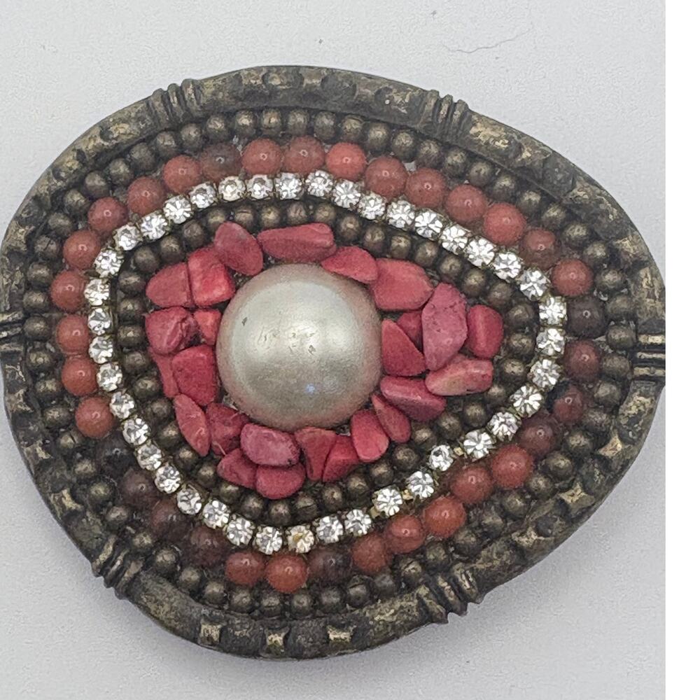 Artisan Brass Belt Buckle: Red Pebbles, Beads, Rhinestones , and Pearl